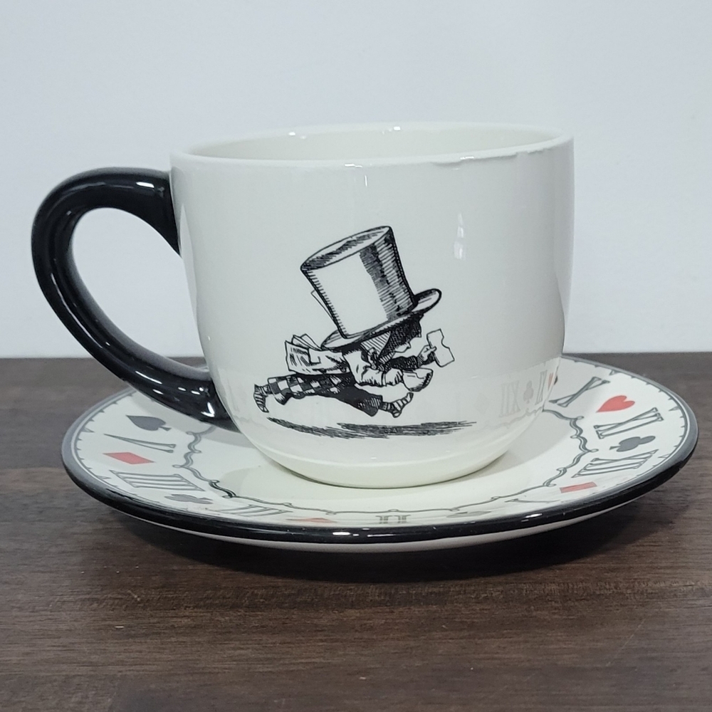 Mad Hatter Alice In Wonderland Black and White Teacup and Saucer Set